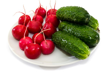 radishes and cucumbers in a plate on a white background.
