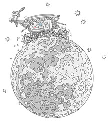 Lunar rover, Moon research vehicle exploring the satellite of the Earth, an interplanetary explorative expedition on a neighboring planet, vector cartoon illustration on a white background