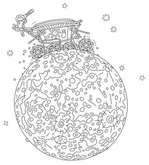Lunar rover, Moon research vehicle exploring the satellite of the Earth, an interplanetary explorative expedition on a neighboring planet, vector cartoon illustration on a white background