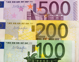200,500 and 100 Euro banknotes for background. Close-up. Money background.