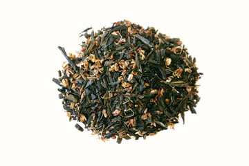 pile of dried green tea leaves