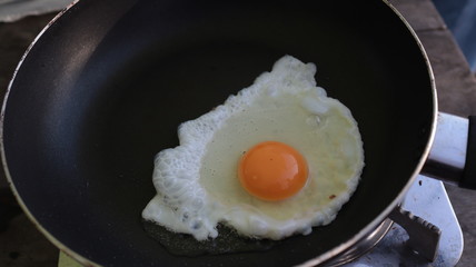 Fried eggs are well cooked in the pan.