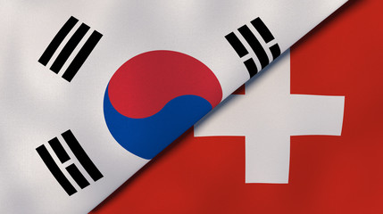 The flags of South Korea and Switzerland. News, reportage, business background. 3d illustration