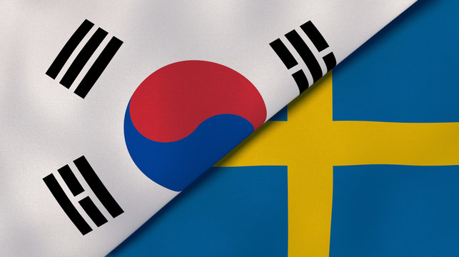 The flags of South Korea and Sweden. News, reportage, business background. 3d illustration