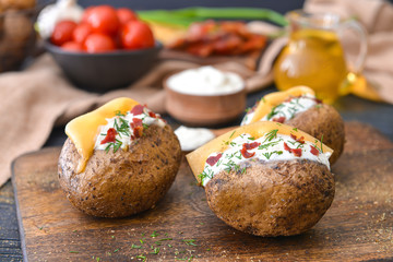 Tasty baked potato with sour cream on table