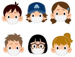 マスクをつけた6種類の子どもたちの困り顔
