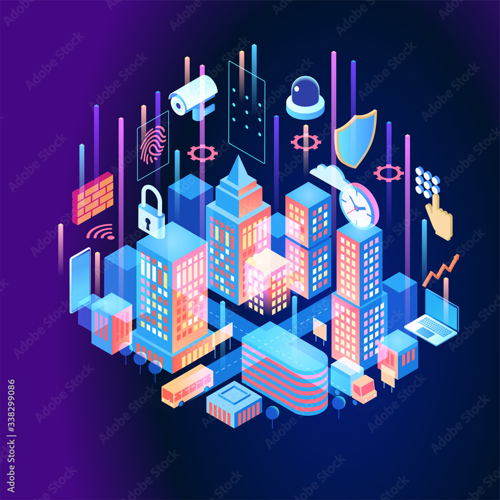 Poster security control concept. secure infographic. concept with technology system. 3d isometric vector il