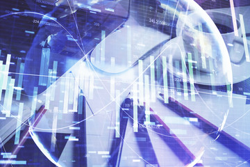 Double exposure of business theme icons and work space with computer background. Concept of success.