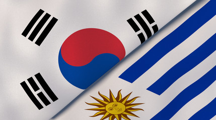 The flags of South Korea and Uruguay. News, reportage, business background. 3d illustration
