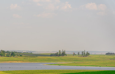 Agricultural exploration area with soy plantation and cattle breeding and water reservoir for irrigation