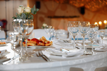 The dining table is set. Restaurant interior. Handmade pies