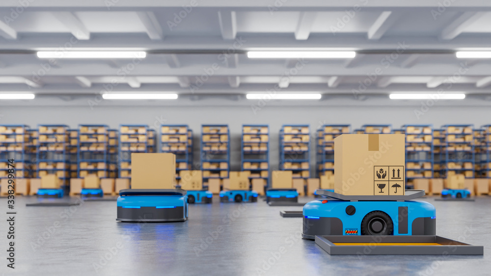 Poster an army of robots efficiently sorting hundreds of parcels per hour(automated guided vehicle) agv.