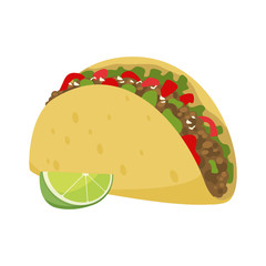 Mexican traditional food - taco, snack for a party, forcemeat with tortilla and vegetables. Vector