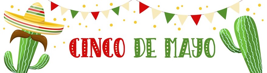 Cinco de mayo horizontal banner, mexican traditional fiesta. Cactus with sombrero and maracas. Vector