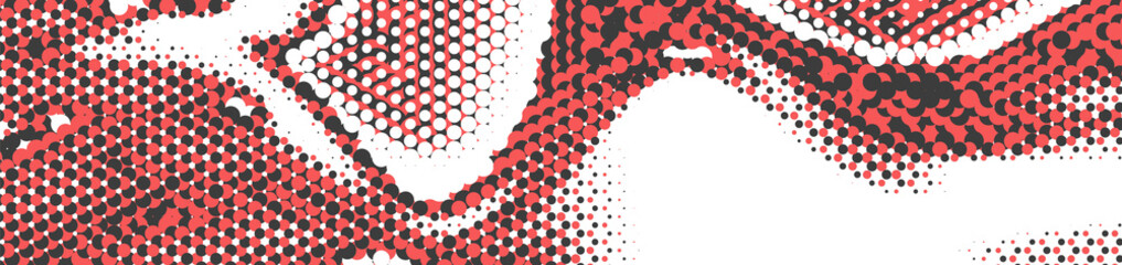 Abstract panoramic ethnic halftone background. Panorama, black white red color Backdrop with dots. Dotted soft lines pattern. Vector illustration.