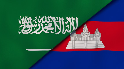 The flags of Saudi Arabia and Cambodia . News, reportage, business background. 3d illustration