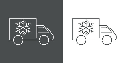 Símbolo de transporte refrigerado. Icono plano lineal camión con estrella de frío en fondo gris y fondo blanco - obrazy, fototapety, plakaty