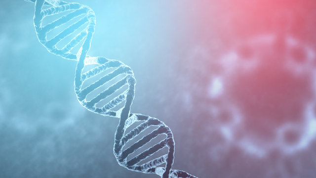 DNA chain and coronavirus Covid-19. Abstract medical background, microbiological environment under the microscope. 3d illustration