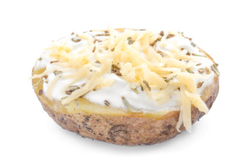 Tasty baked potato with sour cream on white background