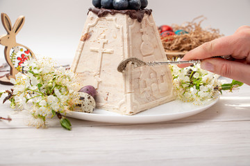 Marble Easter cake with engraving on a white background