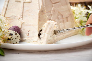 Marble Easter cake with engraving on a white background