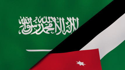 The flags of Saudi Arabia and Jordan. News, reportage, business background. 3d illustration