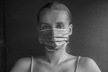 The girl in the medical mask. black-white