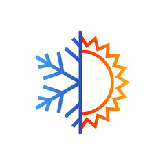 Logotipo climatización. Icono plano lineal con estrella de frío en color azul y sol en color naranja