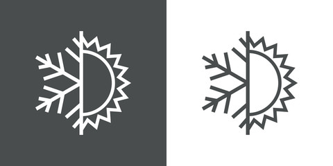 Logotipo climatización. Icono plano lineal con estrella de frío y sol en fondo gris y fondo blanco - obrazy, fototapety, plakaty