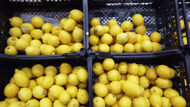 A shelf of lemons in the supermarket