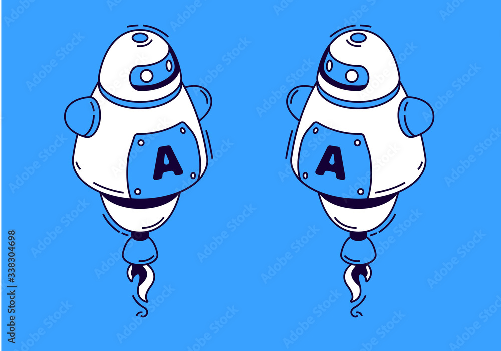 Poster robot in isometric style on blue background. vector flat service support chat bot. cartoon android w