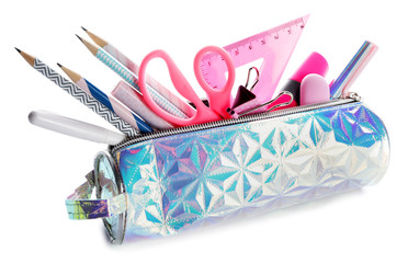 Pencil bag with stationery on white background