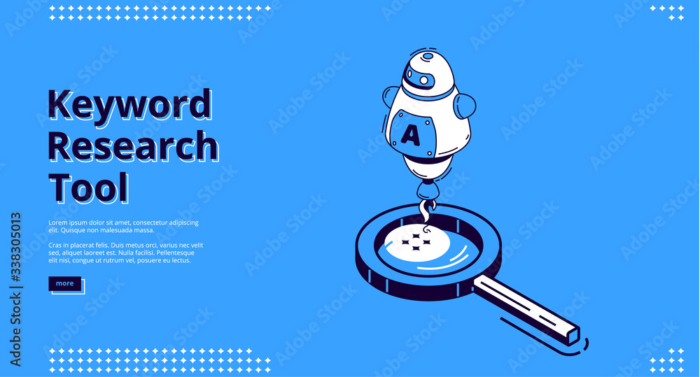 Poster keyword research tool isometric landing page with large magnifier, artificial intelligence isolated 