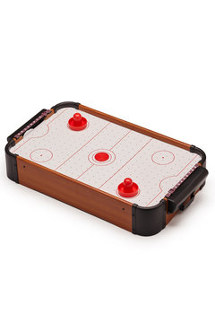 Subject Shot Of Air Hockey Game On The White Backdrop. The Portable Table Hockey Includes Plastic Hockey Paddles, A Mini Puck And Score Keepers.