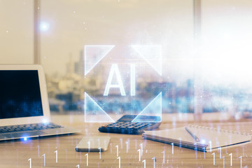 Double exposure of desktop computer and technology theme hologram. Concept of software development.