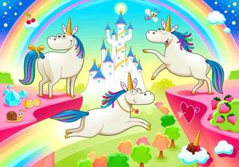  Group of funny unicorns with castle and fantasy landscape. Vector cartoon illustration © ddraw