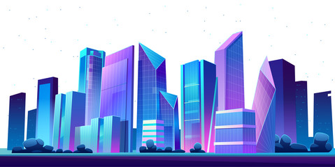Urban cityscape panoramic night banner vector cartoon illustration with buildings, city skyline with skyscraper and tower architecture, megapolis landscape, town scenic isolated on white background