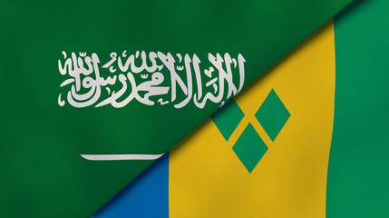 Fototapeta premium The flags of Saudi Arabia and Saint Vincent and Grenadines. News, reportage, business background. 3d illustration