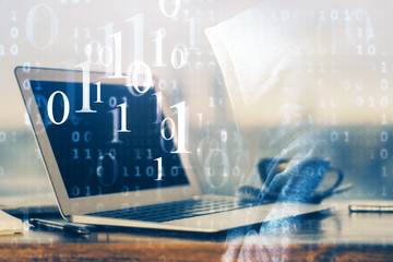 Double exposure of desktop computer and technology theme hologram. Concept of software development.