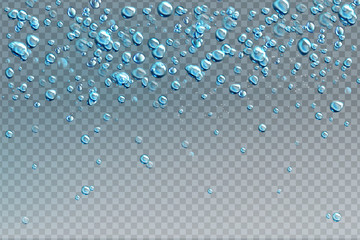 Air bubbles, effervescent water fizz border. Dynamic aqua motion, randomly moving underwater fizzing, soda drink frame design on transparent background, Realistic blue 3d vector illustration