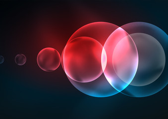 Glowing neon shiny transparent bubbles, glass circles or bio cell concept. Techno futuristic vector abstract background For Wallpaper, Banner, Background, Card, Book Illustration, landing page