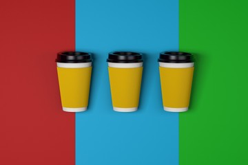 three take away coffee cups on colorful paper red blue green background