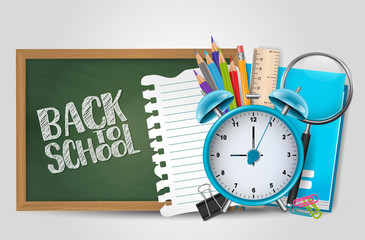 Back to school poster with realistic 3d supplies. For pre-school, middle, high, collage, university. Vector illustration.