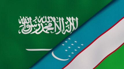 The flags of Saudi Arabia and Uzbekistan. News, reportage, business background. 3d illustration
