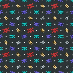 Multicolored seamless pattern with skull and crossbones. Jolly Roger. Image for wrapping paper, fabric, dress, t-shirt, bag. Flat design