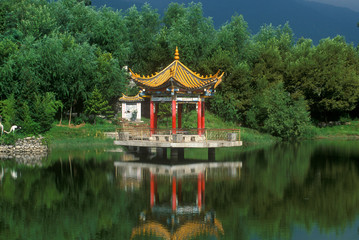Fototapeta premium Reflection of Pagoda Pavilion in Dali, Yunnan Province, People's Republic of China