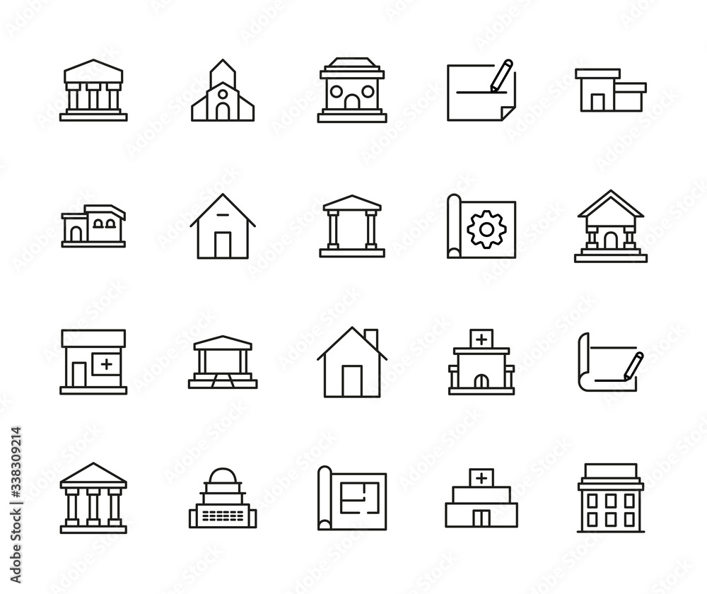 Poster big set of architecture line icons.