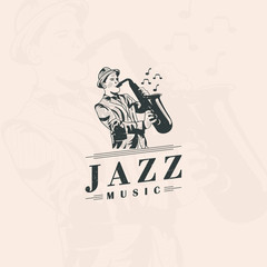 Play jazz music with saxophone logo design Premium Vector