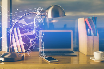 Desktop computer background in office and start up theme hologram drawing. Double exposure. Startup concept.