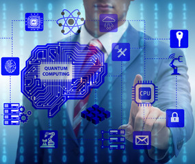 Businessman pressing virtual button in quantum computing concept